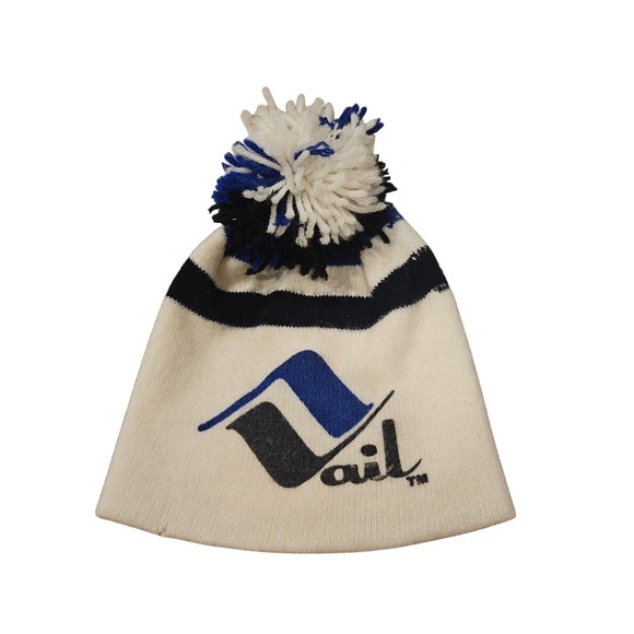 Vail Other - Vintage Vail Colorado Ski Beanie Pom Pom Knit Hat White Blue Orlon Acrylic USA